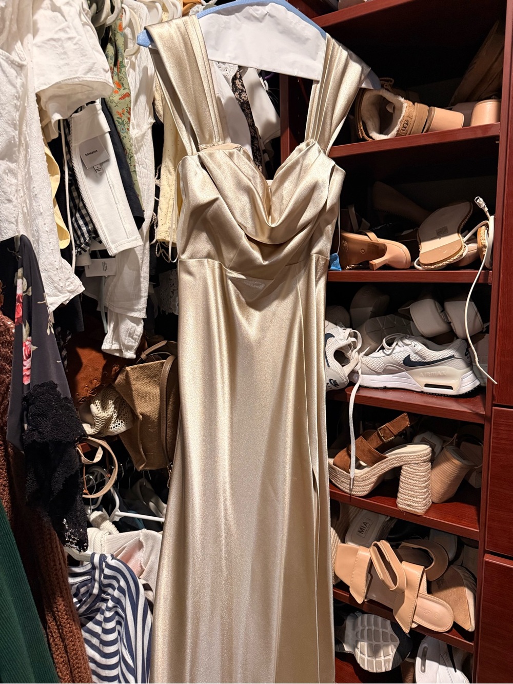 Birdy Grey Champagne Satin Maxi Dress with Draped Cowl Neck